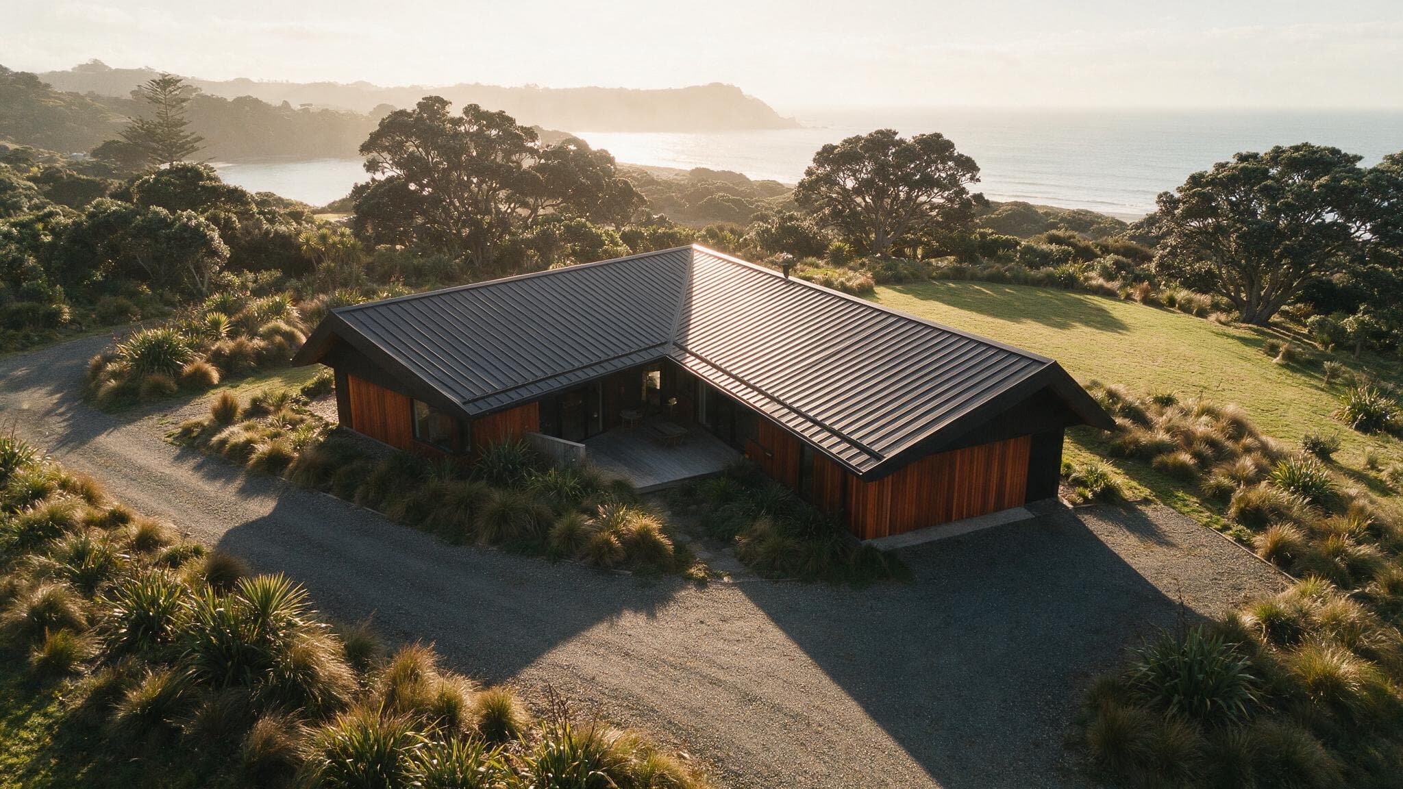 Aerial render of an L-plan house with a dark folded roof on a coastal headland, a gravel forecourt and native planting around it, with an estuary and hills beyond.