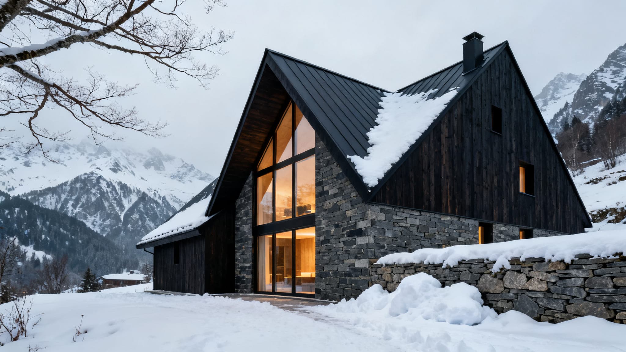 Render of an alpine house with a steep dark metal roof carrying snow, dark stained timber above a schist stone base and a tall glazed gable lit from within, snow lying across the ground and drifted against a dry stone wall, with snow-covered mountains behind.