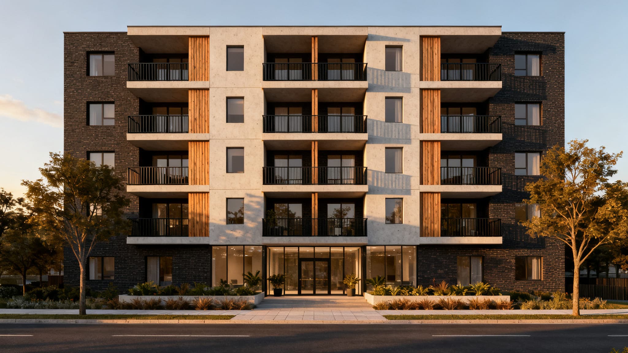 Render of a five-storey apartment building seen from across the street: stacked recessed balconies with dark steel balustrades, dark brick with pale precast panels and vertical timber infill, and a glazed ground-floor lobby behind a planted forecourt, with a street tree either side.