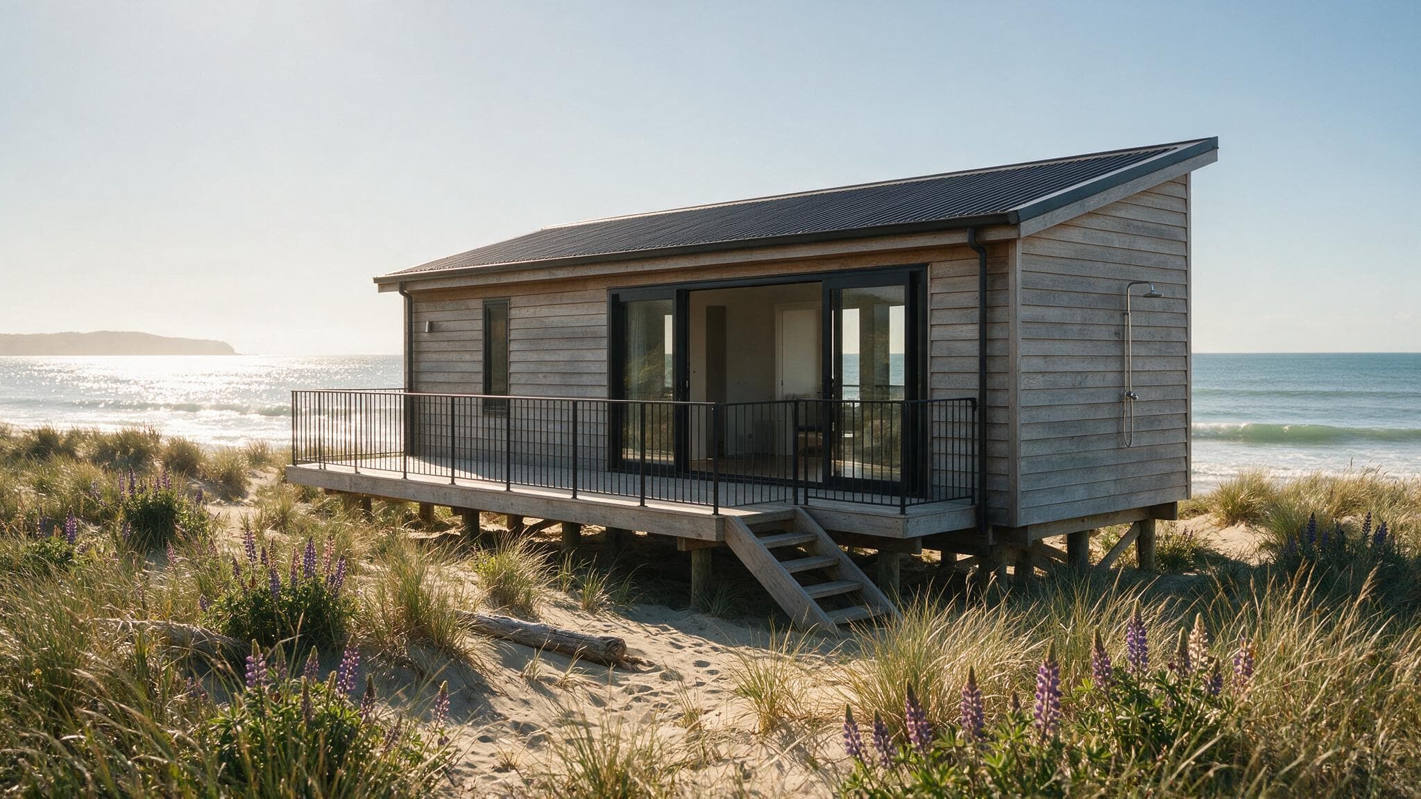 Render of a small timber holiday house raised on piles above a foredune, with a deck and timber steps down to marram grass and flowering lupin, the sea and a headland behind.