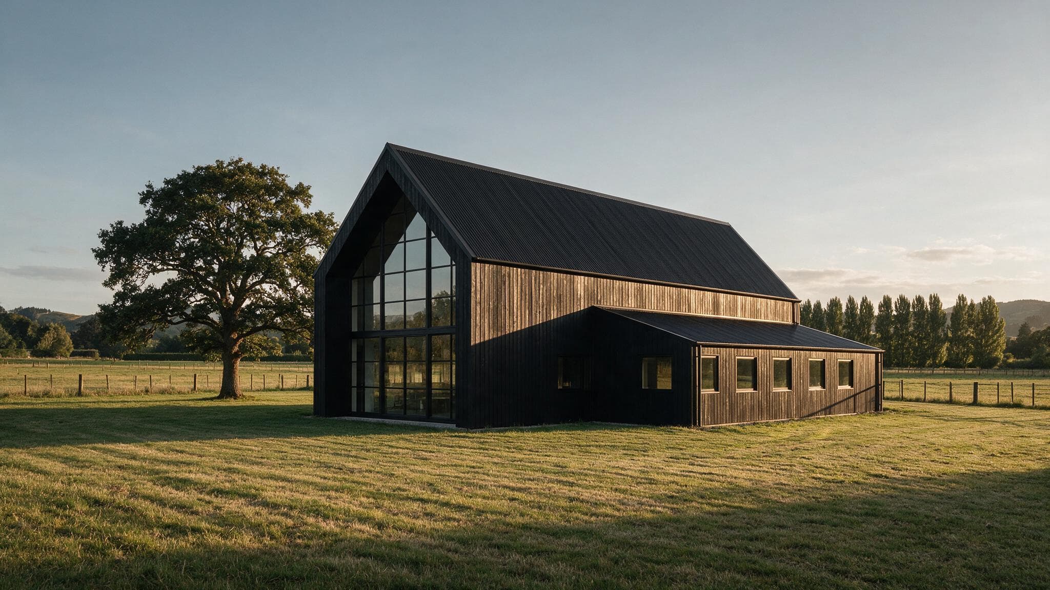 Render of a barn-form house with a steep black gable, a fully glazed end wall and a lower dark-clad wing, standing in a mown farm paddock beside a mature tree with a line of poplars behind.