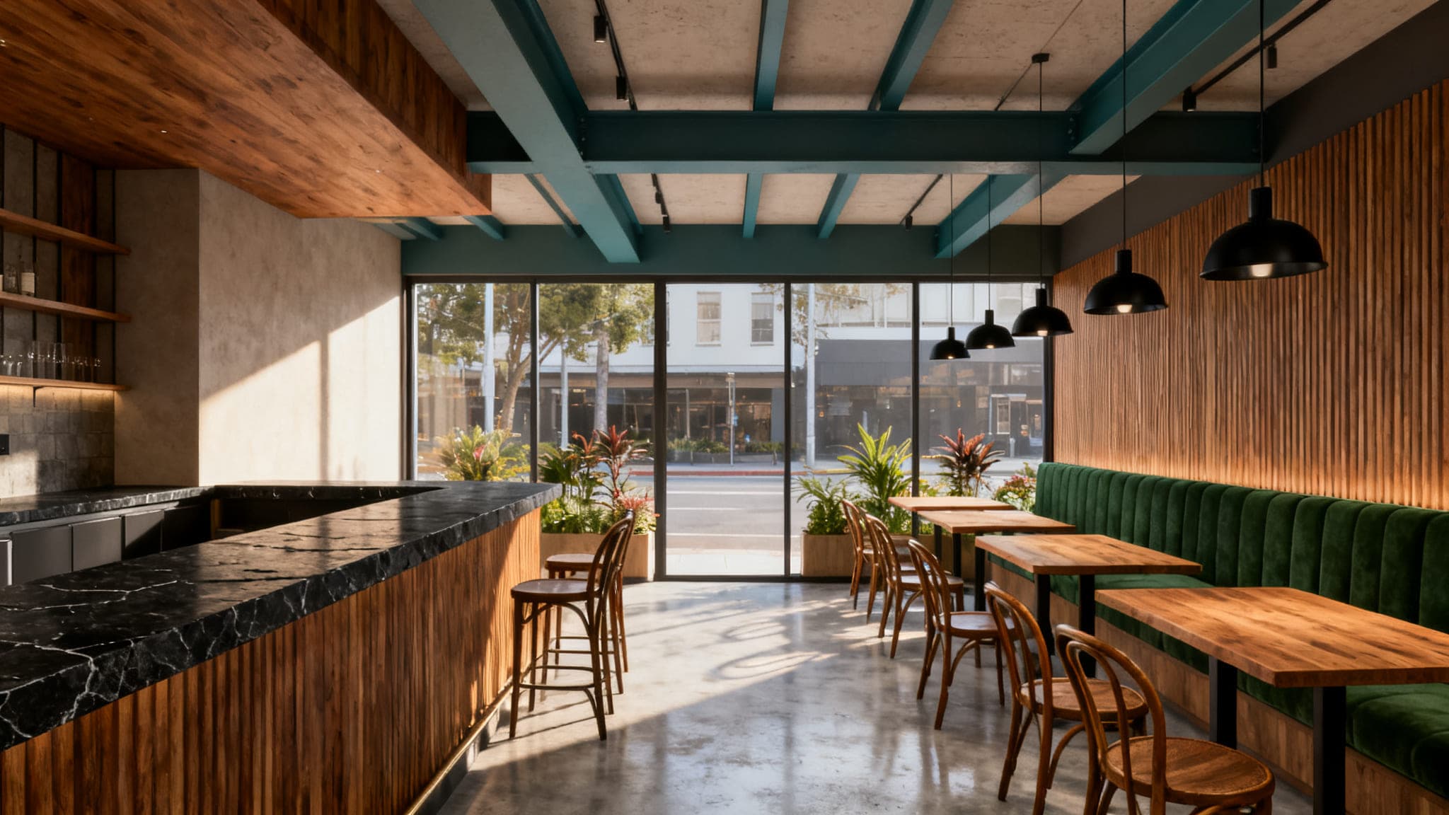 Interior render of a cafe fit-out: a timber-fronted bar with a dark stone counter, green banquette seating with loose timber tables and bentwood chairs, black pendant lights hung in a row, painted exposed ceiling beams and a polished concrete floor, with full-height glazing onto the street.