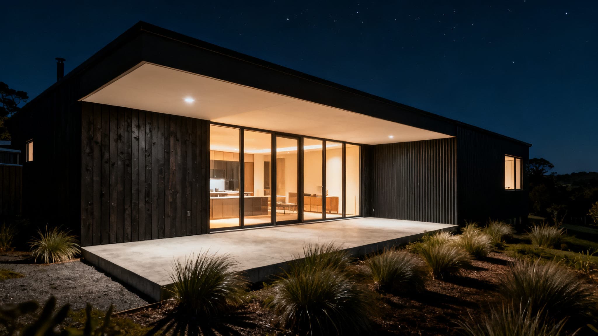 Render of a single-storey dark-clad house at night, its interior lit and spilling warm light through full-height glazing onto a concrete terrace, a lit soffit under a deep eave, tussock and flax standing in shadow, under a deep blue-black sky.
