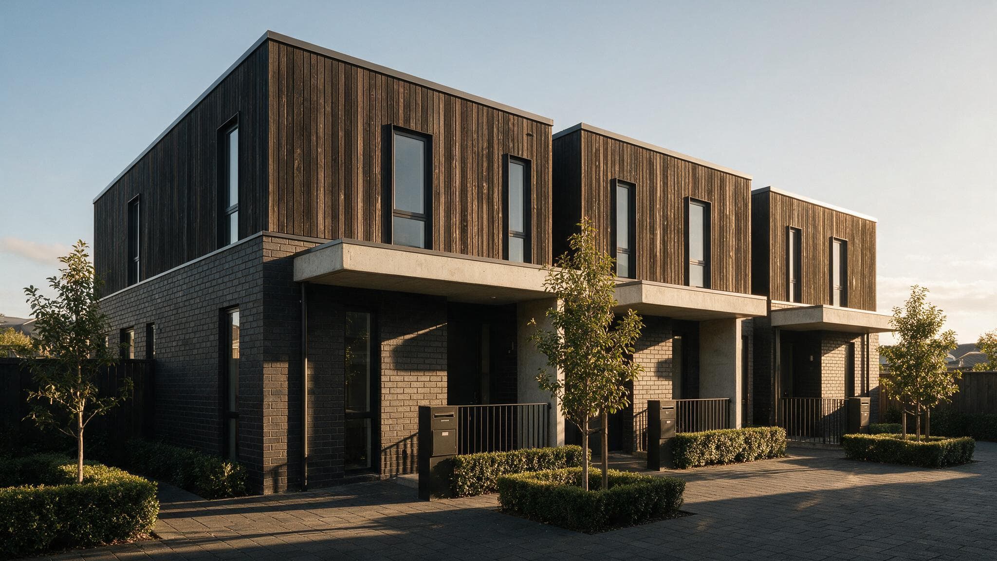 Render of a row of attached two-storey townhouses in dark brick and vertical timber, each with its own entry and porch, along a footpath with clipped hedges and young street trees.