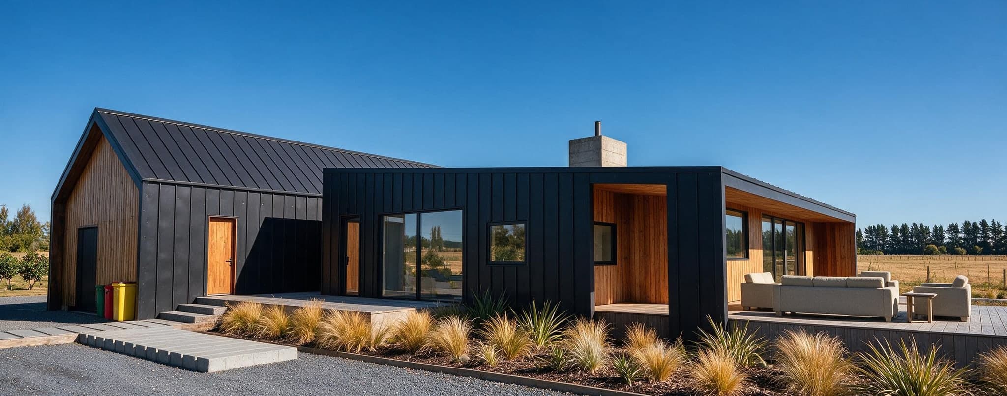 Render of a dark-clad single-storey house with a folded roof, a timber entry door and concrete steps up to a terrace, standing on a coastal flat among grasses.